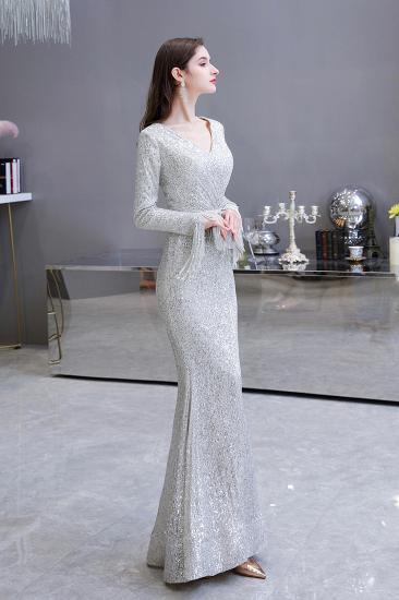 Elegant Sparkle Sequined Burgundy Long sleeve V-neck Mermaid Long Prom Dress_4