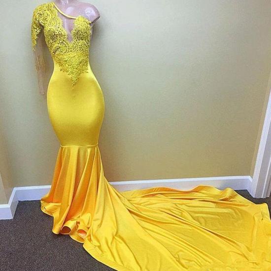 Yellow one shoulder mermaid prom dress, lace evening dresses_3