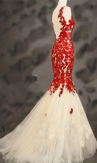 Mermaid Champagne Tulle Red Lace Prom Dresses 2022 Sheer Back Cheap Evening Gowns_3