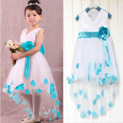 Cute White V-Neck Hi-Lo Flower Girl Dresses Unique Cheap Tulle Ball Gown Chidern Dresses with Belt_2