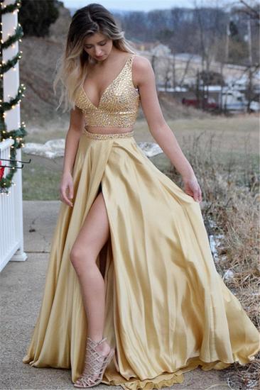 Sexy Gold Two Pieces V-Neck Evening Dresses | V-Neck Sleeveless Crystals Prom Dress_2