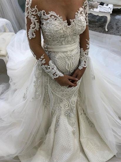 Glamorous Long Sleeve Lace Tulle Wedding Dresses | Ruffles Mermaid  Bridal Gowns
