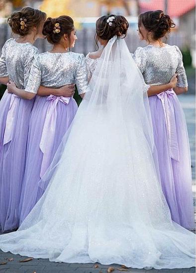 Shop Beautiful Sequin Lace Jewel Lavender Purple A-line Bridesmaid Dresses With Belt for Beach Wedding_4