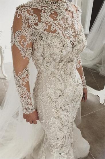 Elegant Mermaid Long Sleeves Lace High Neck Crystal Wedding Dresses | Sexy Beading Bridal Gowns With Buttons