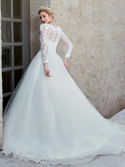 Beautiful Ball Gown Wedding Dress Bateau Lace Tulle Long Sleeves Bridal Gowns with Chapel Train_2