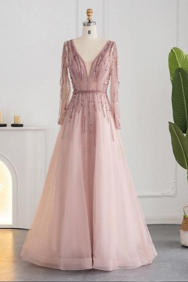 Elegant Sequins Beading A-line Eveing Party Dress V-neck Long Sleeves Tulle Party Gown_8