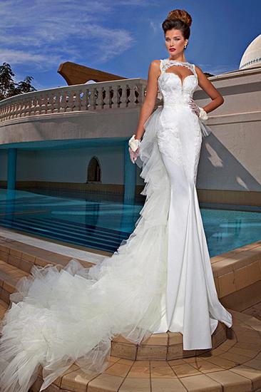 Mermaid Satin Bateau Wedding Dresses 2022 Open Back Tulle Bowknot Bridal Dresses with Beadings_1