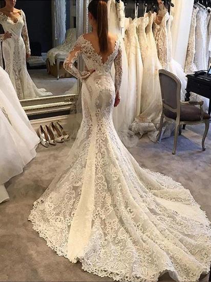 Long Sleeves Lace Mermaid Court Train V-neck Wedding Dresses_1