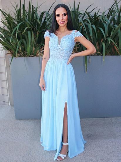 Cap sleeves sky blue high split prom dress with lace appliques_5