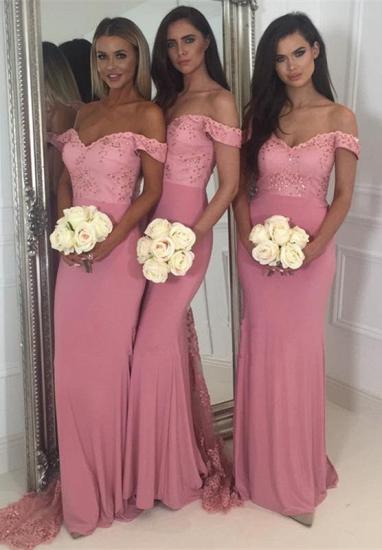Off-the-Shoulder Pink Bridesmaid Dress | 2022 Mermaid Long Lace Bridesmaid Dresses_1