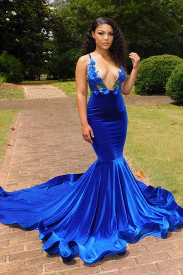 Glamorous Blue V-Neck Spaghetti Strap Prom Dress | Floral and Ground Mermaid Prom Dress