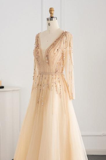 Elegant Sequins Beading A-line Eveing Party Dress V-neck Long Sleeves Tulle Party Gown_6