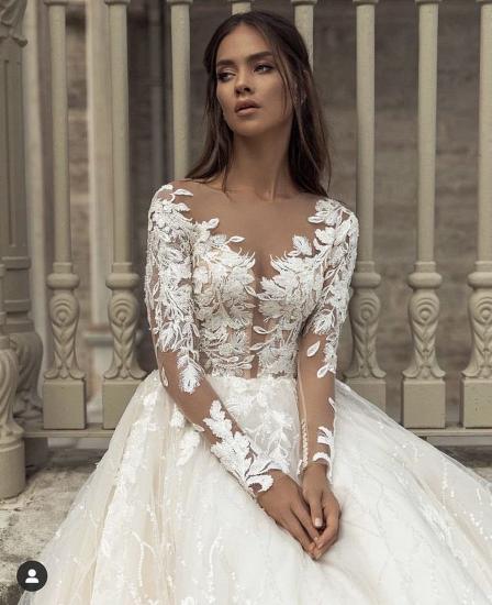 V-neck flower lace aline long sleeve and floor Wedding Dress_3