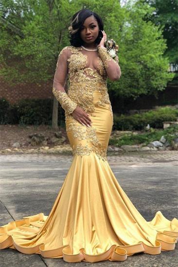 Long Sleeves Sheer Tulle Gold Shinny Beads Appliques Mermaid Prom dresses_1