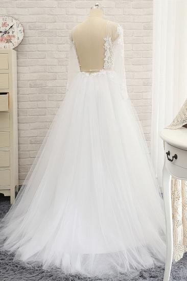TsClothzone Affordable White Tulle Ruffles Lace Wedding Dresses Jewel Longsleeves Bridal Gowns With Appliques On Sale_3