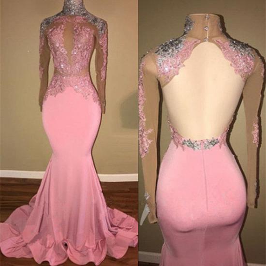 Gorgeous High-Neck Backless Pink Prom Dress Mermaid With Lace Appliques_3